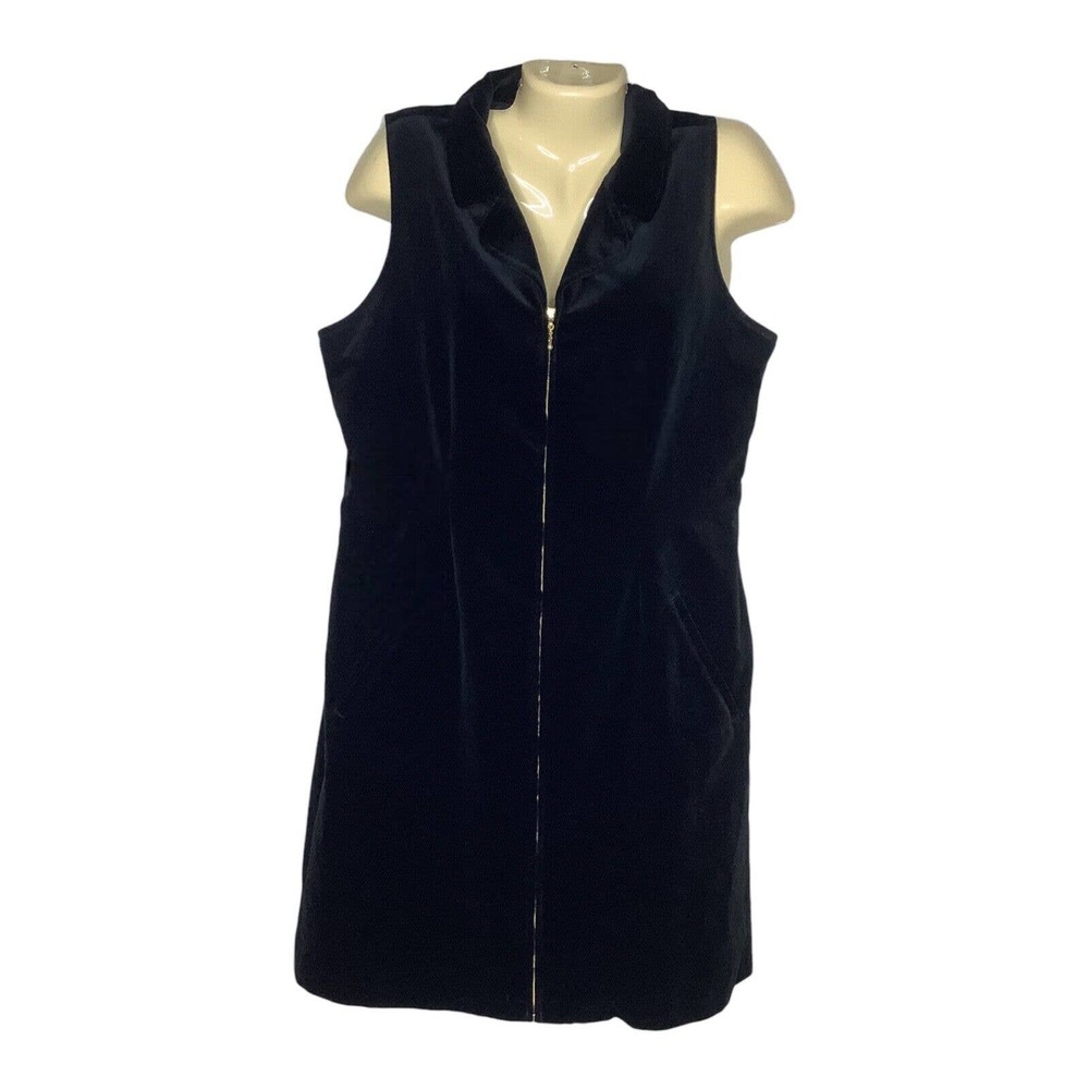 Hanna Andersson Dress Womens 16 Black Velvet Front Zip Pockets Sheath Sleeveless